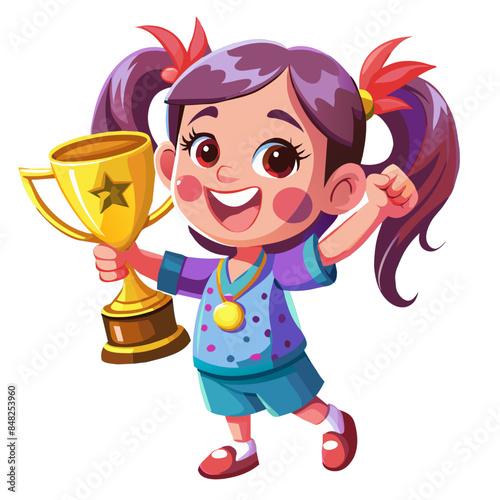 Happy cartoon child holding a trophy or cup, celebrating a victory or achievement