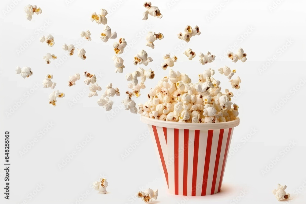 A classic striped popcorn container overflows with flying popcorn, suggesting a joyful snacking experience A classic striped popcorn container overflows with flying popcorn, suggesting a joyful snacking experience