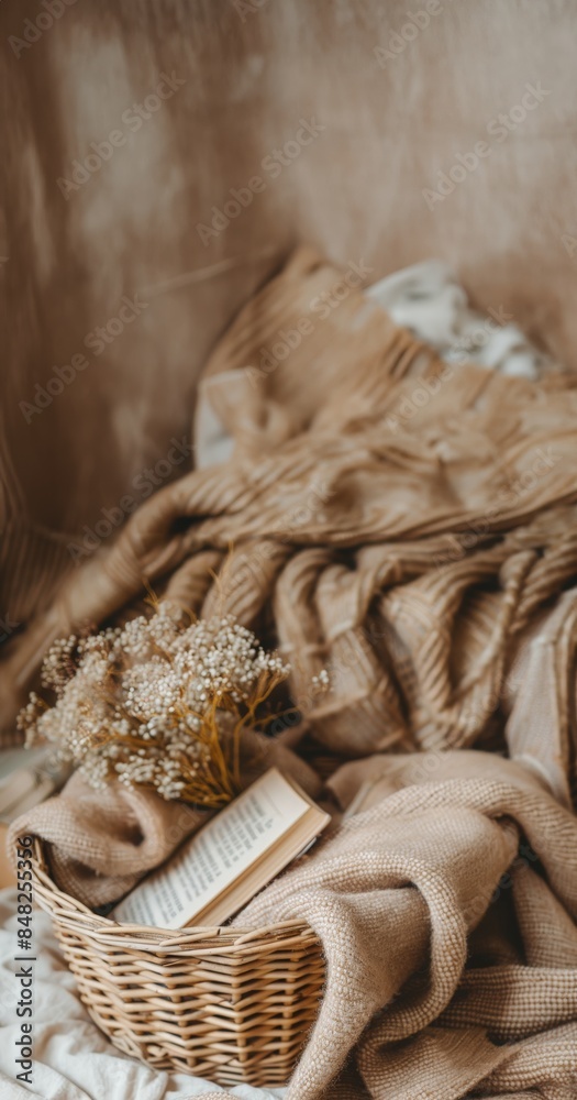 Obraz premium Cozy Home Interior Scene with Warm Blankets, Open Book, and Flowers in Wicker Basket