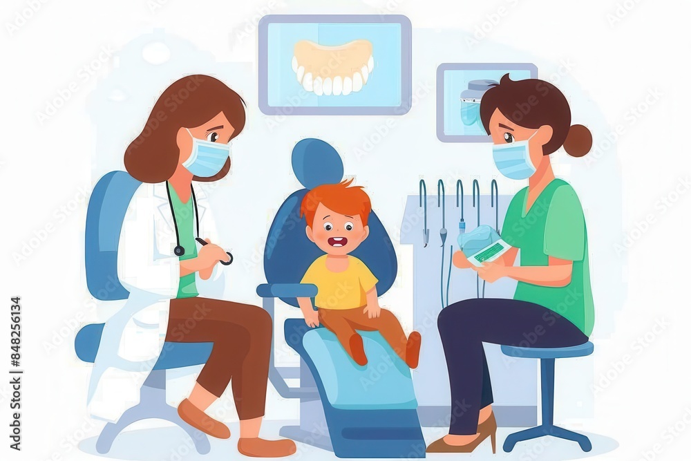 An animated representation of a child at the dentist's office for a check-up with two dental professionals An animated representation of a child at the dentist's office for a check-up with two dental professionals