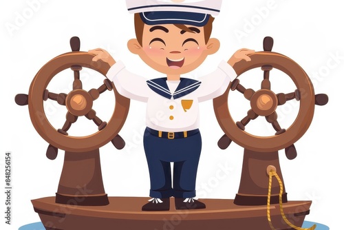 Child-like cartoon sailor with a cheerful expression operating two large ship steering wheels photo