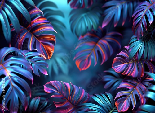 Tropical and palm leaves in vibrant gradient holographic neon colors.