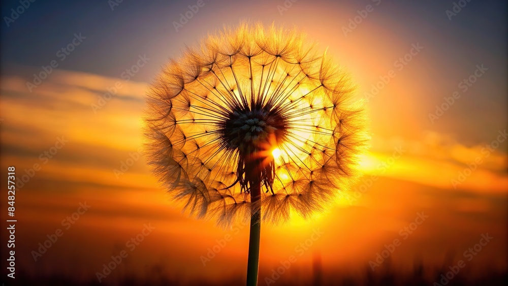 Dandelion silhouette with bright sun in background, nature, sunset, flower, plant, summer, sky, beauty, silhouette, outdoors