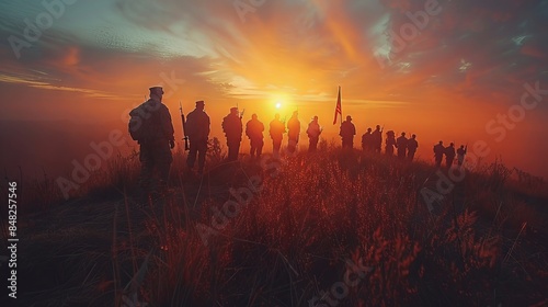 A group of uniformed US military personnel performing a flag-raising ceremony at dawn. © Moesy-TM