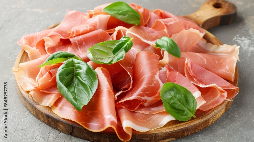 Fresh prosciutto with basil leaves on wooden board Fresh prosciutto with basil leaves on wooden board