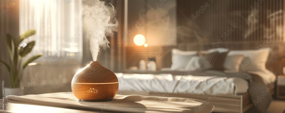 Aroma oil diffuser on the table in bedroom of apartment, banner. Generative AI. Aroma oil diffuser on the table in bedroom of apartment, banner. Generative AI.