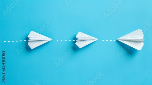 Paper planes are arranged in a row on a blue background with one paper glider going in a different direction symbolizing breaking new ground and stepping out of the line concept photo