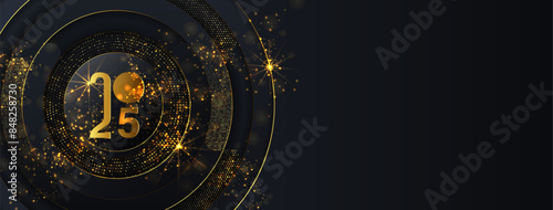 Happy New Year 2021 winter holiday greeting card design template. Party poster, banner or invitation gold glittering stars confetti glitter decoration. Vector background with golden gift bow.