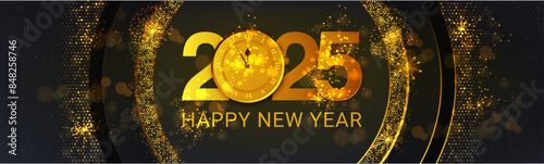 Happy New Year 2025 with glitter isolated on black background, text design gold colored, vector elements for calendar and greeting card.