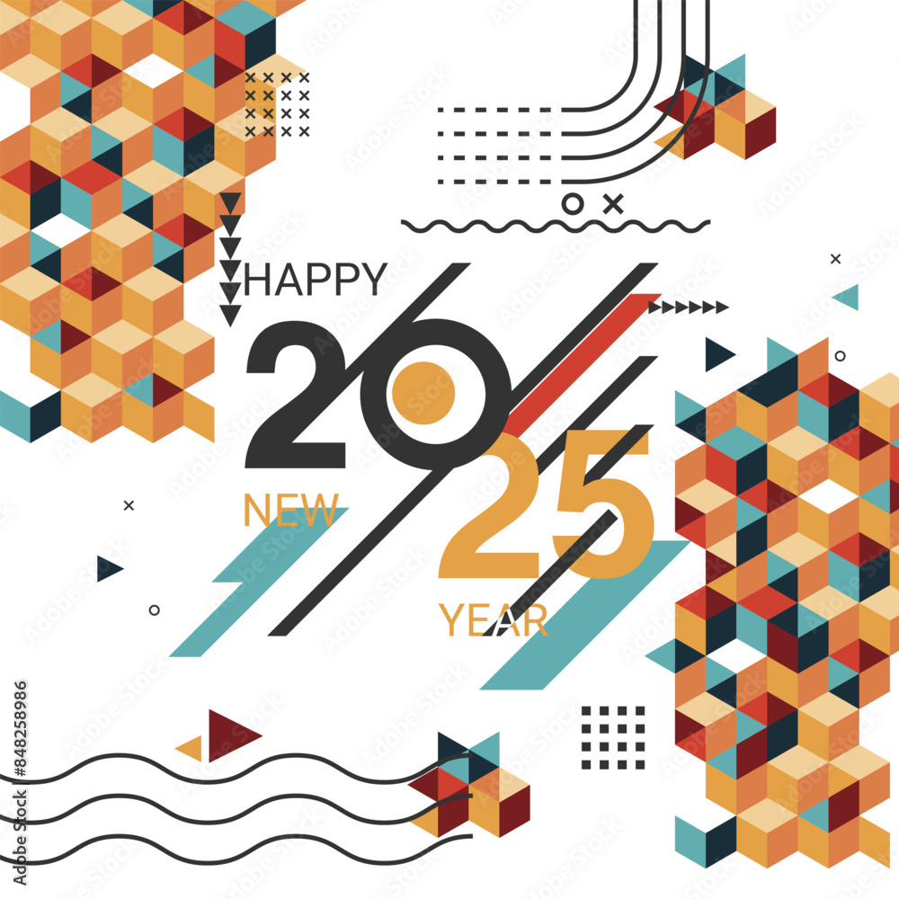 Happy new year 2025 banner with modern geometric abstract background in retro style. Happy new year greeting card design for year 2021 calligraphy includes colorful shapes. Vector illustration. Happy new year 2025 banner with modern geometric abstract background in retro style. Happy new year greeting card design for year 2021 calligraphy includes colorful shapes. Vector illustration.