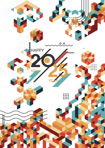 Happy new year 2025 banner with modern geometric abstract background in retro style. Happy new year greeting card design for year 2021 calligraphy includes colorful shapes. Vector illustration.