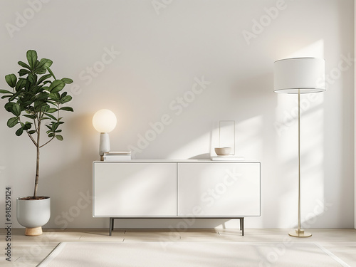 Chic living room boasting a gray sofa, tables, and a commode