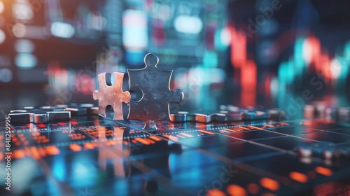 Wallpaper Mural Financial success forming from investment strategy illustrated by puzzle pieces (selective focus, economic theme, realistic, Multilayer, stock market backdrop) Torontodigital.ca