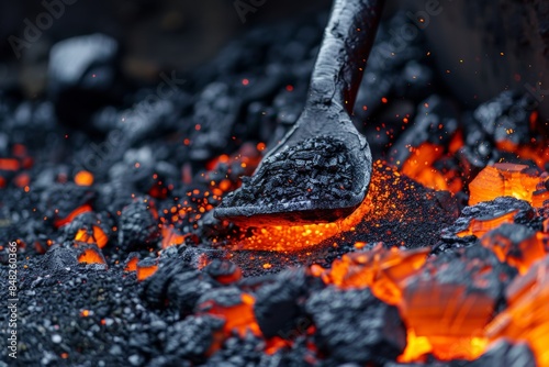 Glowing embers and hot coals with a blacksmith's shovel in forge photo