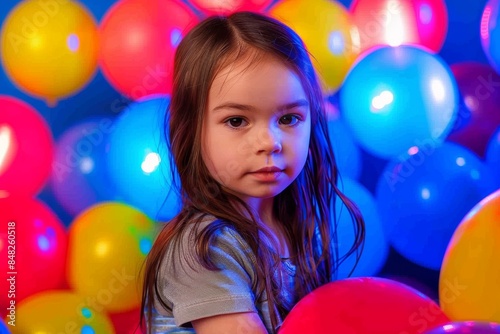 Colorful birthday party atmosphere with young girl and balloons