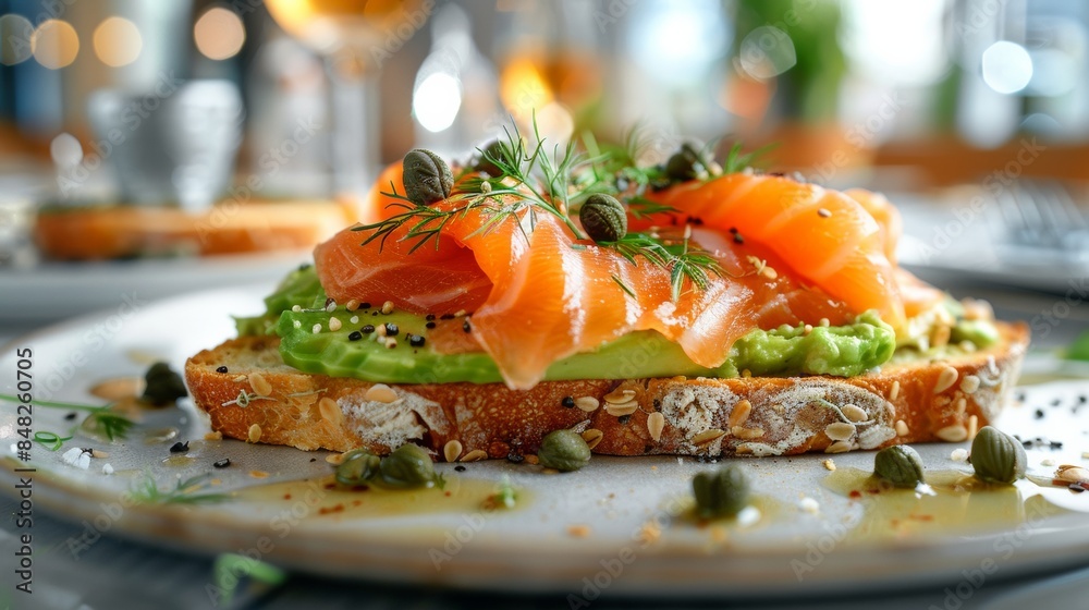 Gourmet open-faced sandwich with smoked salmon, avocado slices, dill, and capers on seeded artisanal bread Gourmet open-faced sandwich with smoked salmon, avocado slices, dill, and capers on seeded artisanal bread