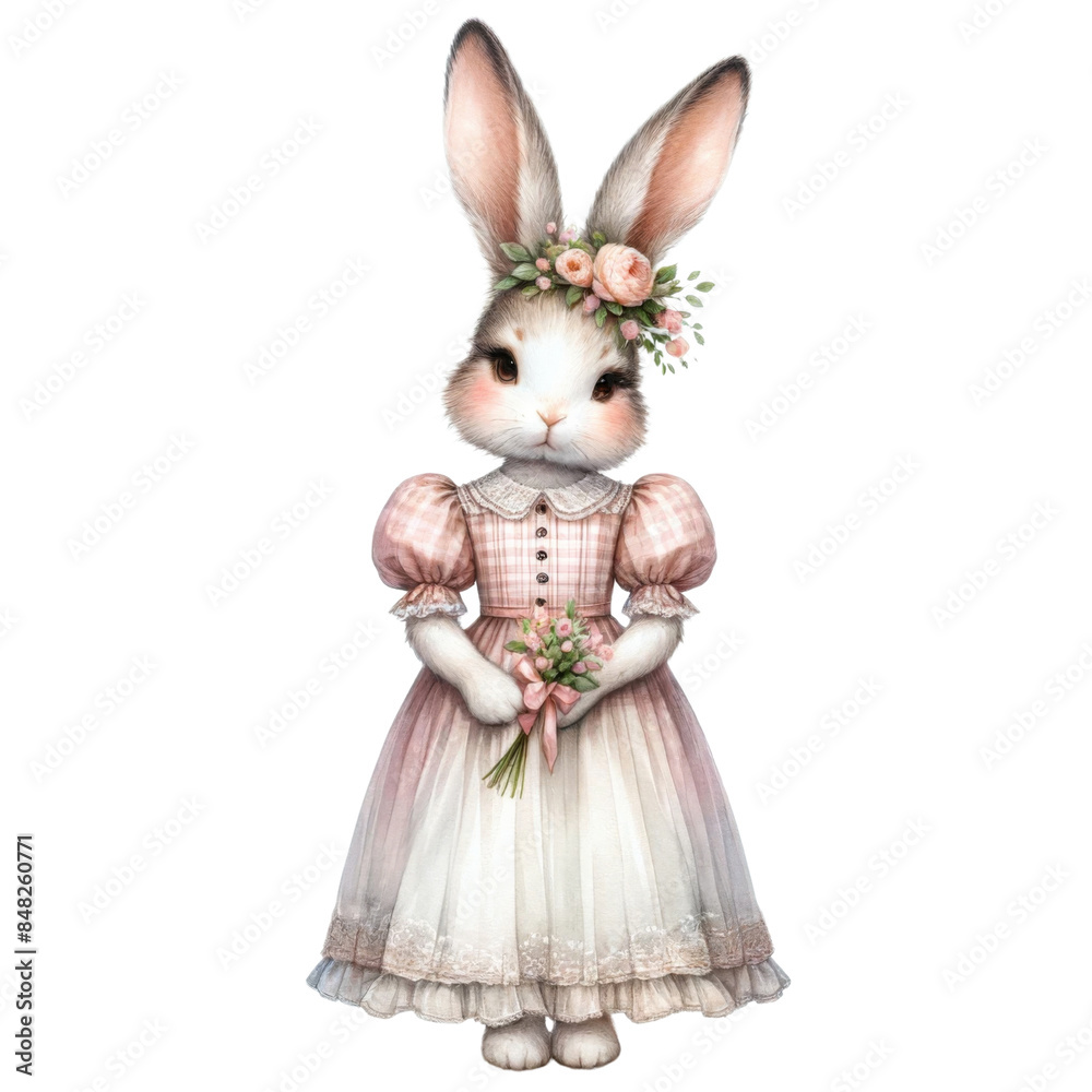 Fototapeta premium Adorable bunny in pink dress, perfect for whimsical and cute themes.