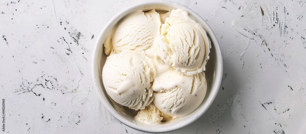 Serving of vanilla ice cream against a white backdrop
