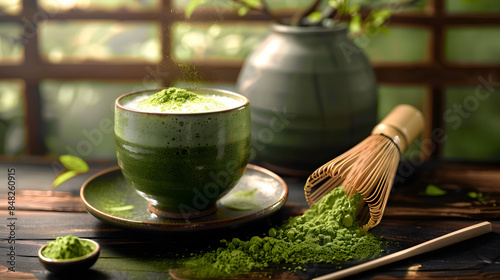 Matcha, a vibrant green powder, whisked into a frothy beverage, unveils a world of subtle bitterness and unexpected depth photo