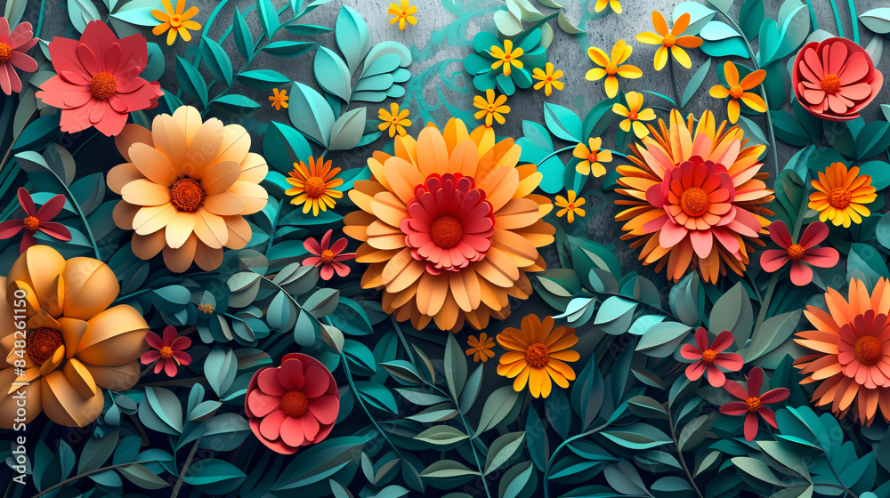 Visualize delightful scene that celebrates the beauty of spring through paper cut style floral pattern background. Visualize delightful scene that celebrates the beauty of spring through paper cut style floral pattern background.