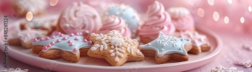 A beautiful assortment of festive cookies and meringues with pink and blue icing decorations, captured on a soft pink background. photo
