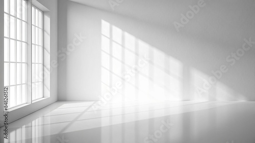 Abstract white studio background with shadows of window for product presentation