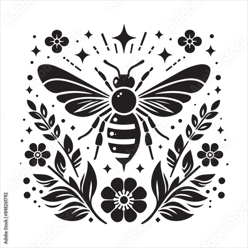 Stylized Black silhouette Bee Illustration with Intricate Wing floral with white background.