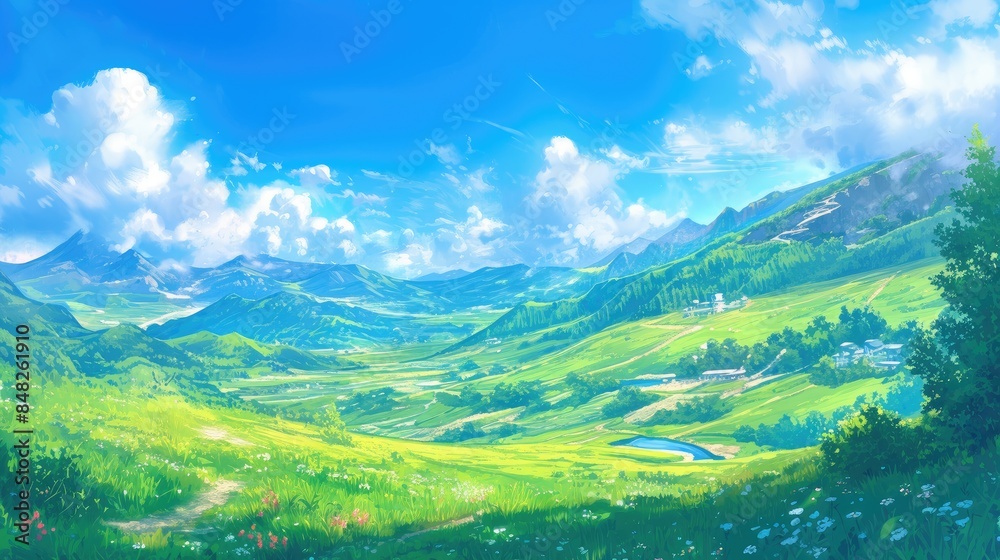 Naklejka premium Rolling green hills lush meadows and towering mountains set against a backdrop of a vast blue sky showcasing the untamed beauty of nature in summertime