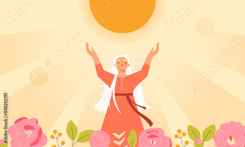 Summer solstice. The longest day. Girl in dress greets the sun