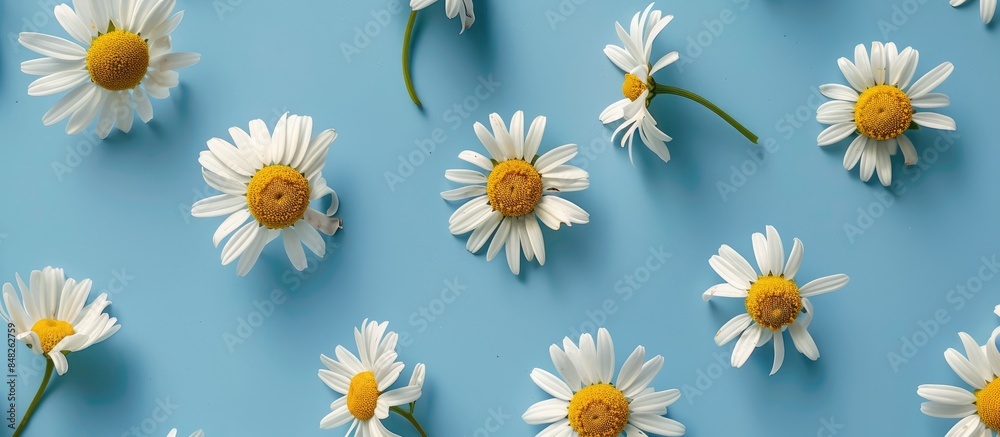 Arrangement of chamomile flowers in a flat lay style over a blue backdrop, highlighting a repeating pattern in a top-down perspective for spring and summer aesthetics. Arrangement of chamomile flowers in a flat lay style over a blue backdrop, highlighting a repeating pattern in a top-down perspective for spring and summer aesthetics.