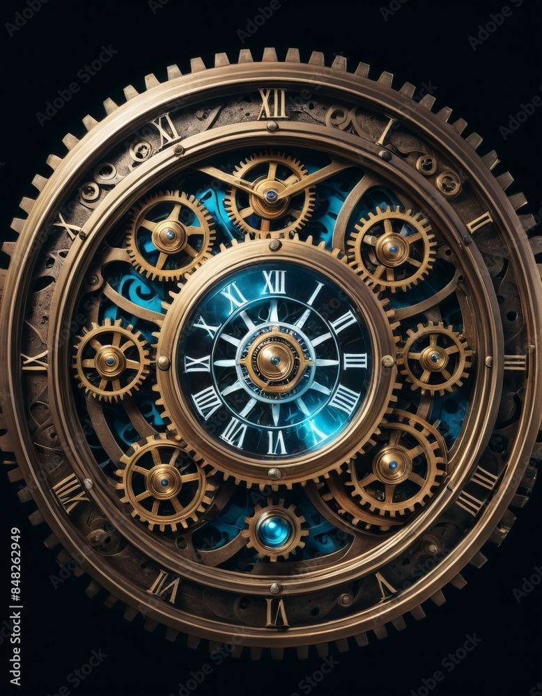An antique clock featuring detailed gears and Roman numerals ...