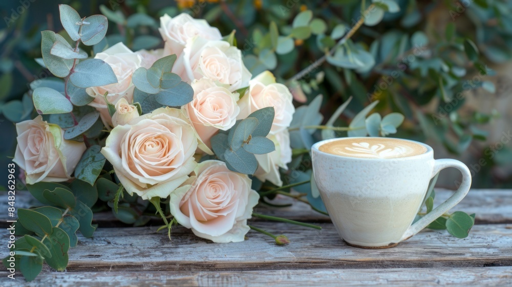 A beautiful bouquet of dusty pink roses with a cappuccino on a wooden table A beautiful bouquet of dusty pink roses with a cappuccino on a wooden table