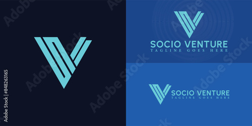 Abstract initial triangle letters SV or VS logo in blue cyan color isolated on multiple background colors. The logo is suitable for business and consulting company logo vector design illustration