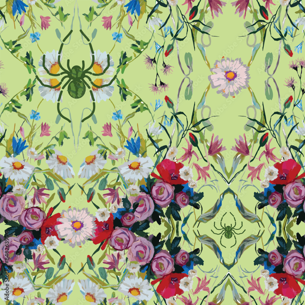 Fototapeta premium vector, seamless pattern of wild flower spider meadow. Daisies, roses, bells, cornflowers on a warm light green background.