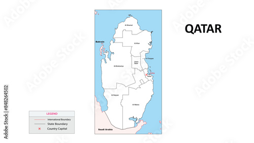 Qatar Map. State map of Qatar. Administrative map of Qatar with state and capital in white color.