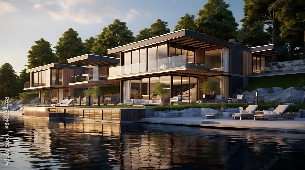 Depiction of a Waterfront Villa with Scenic Views Depiction of a Waterfront Villa with Scenic Views