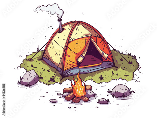 white background, A cozy campsite with a bonfire and tents., very simple and isolate in the style of animated illustrations, white background