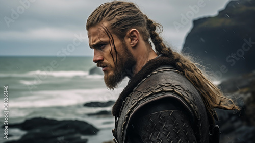 Viking Warrior with Traditional Hairstyle on Rugged Cliff