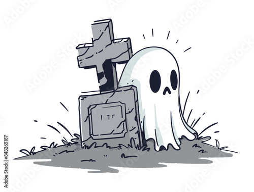white background, A ghost peeking out from behind a gravestone., very simple and isolate in the style of animated illustrations, white background