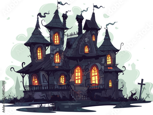white background, A haunted mansion with glowing windows and swirling fog., very simple and isolate in the style of animated illustrations, white background