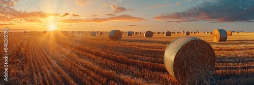 Closeup view of dry crop hay bale in farm land field with golden warm sunlight photo