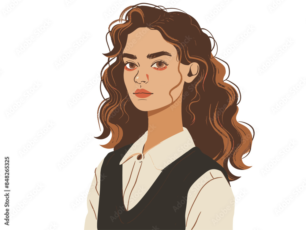 white background, A portrait cover featuring a model in a chic androgynous suit with tailored pants and a blazer., very simple and isolate in the style of animated illustrations, white background white background, A portrait cover featuring a model in a chic androgynous suit with tailored pants and a blazer., very simple and isolate in the style of animated illustrations, white background