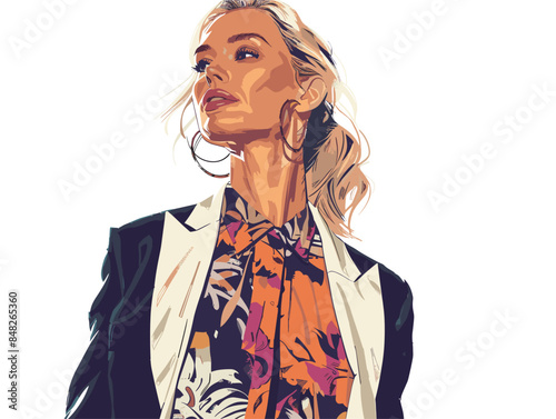 white background, A portrait cover featuring a model in a chic androgynous suit with tailored pants and a blazer., very simple and isolate in the style of animated illustrations, white background