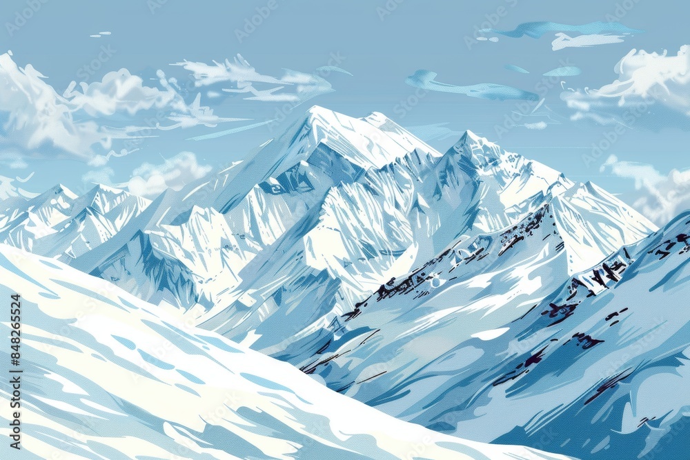 Obraz premium Majestic snow-covered mountain peaks under a clear blue sky