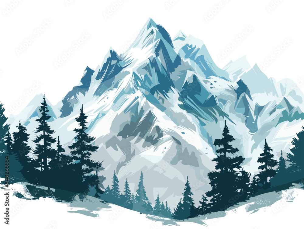 Fototapeta premium white background, A snowy mountain peak with pine trees., very simple and isolate in the style of animated illustrations, white background