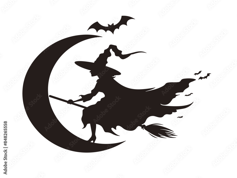 white background, A witch flying on a broomstick across a full moon., very simple and isolate in the style of animated illustrations, white background white background, A witch flying on a broomstick across a full moon., very simple and isolate in the style of animated illustrations, white background