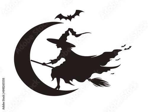 white background, A witch flying on a broomstick across a full moon., very simple and isolate in the style of animated illustrations, white background