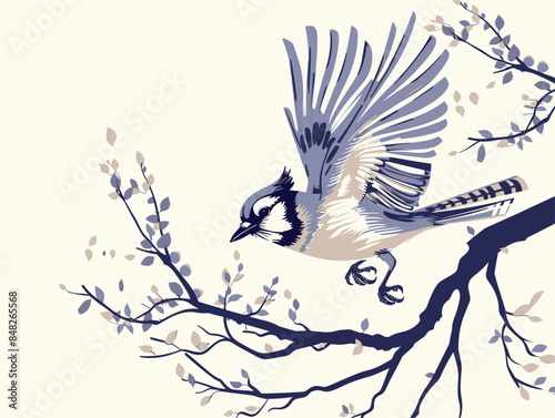 white background, A tree with a blue jay flying nearby., very simple and isolate in the style of animated illustrations, white background