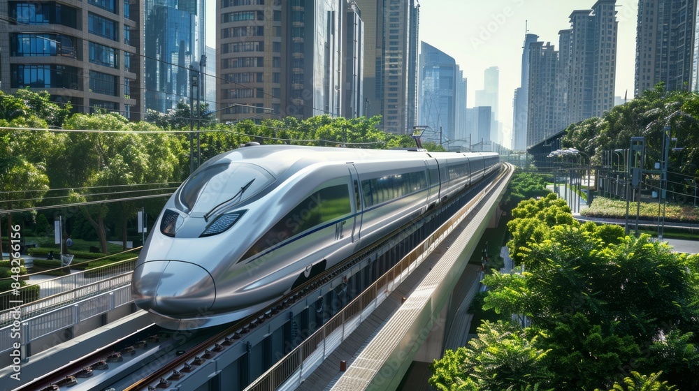 Fototapeta premium Modern cityscape with high speed train, realistic urban transportation scene for travel concepts