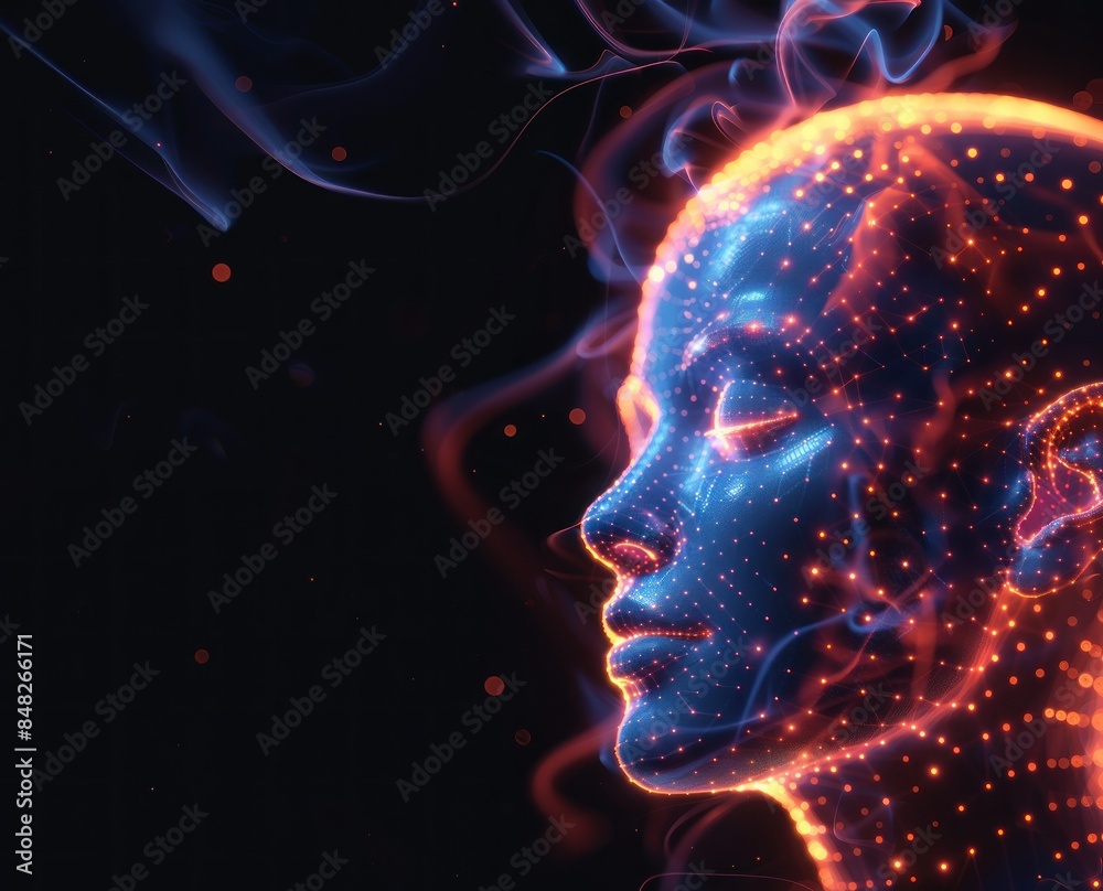 Abstract woman face with neon lights and dots around, banner with copy space Abstract woman face with neon lights and dots around, banner with copy space